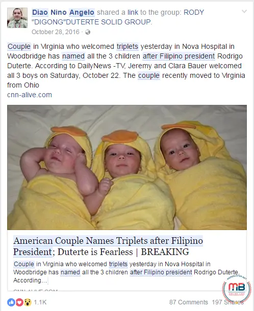 American Triplets Named after Duterte