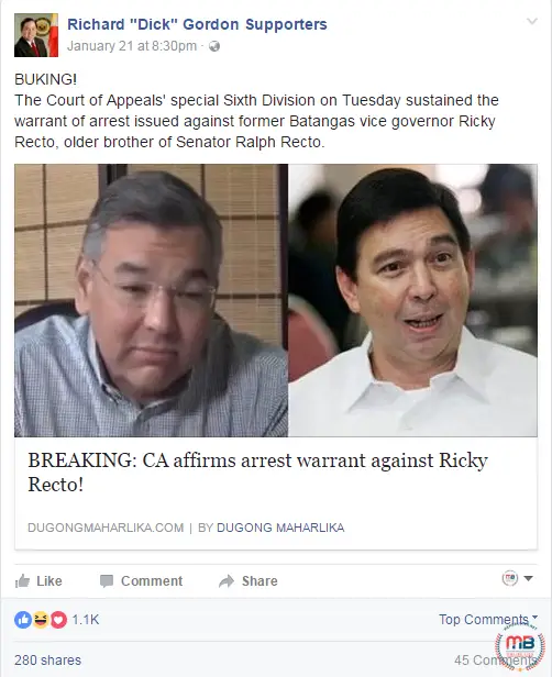 Arrest Warrant Against Ricky Recto