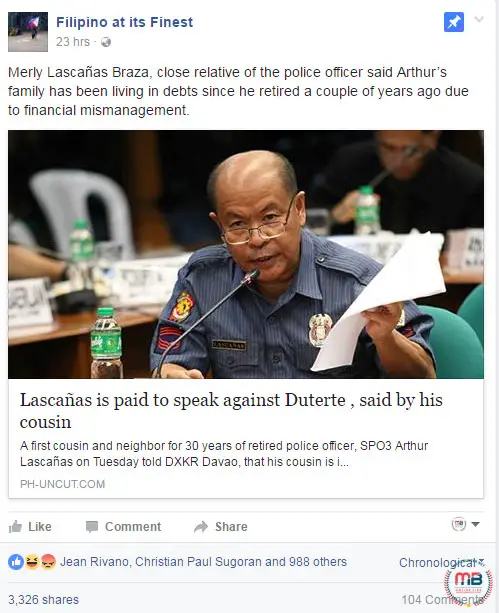 Lascañas paid to speak vs. Duterte
