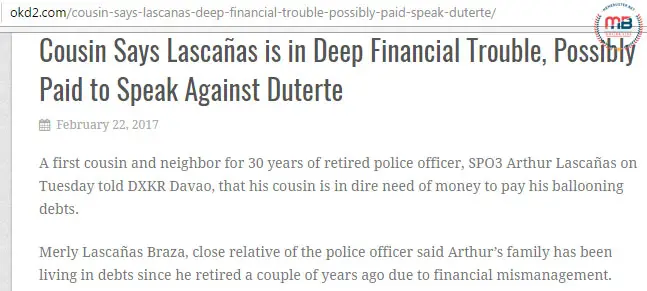 Lascañas paid to speak vs. Duterte