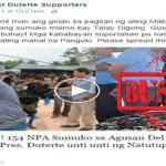 Duterte fan page “President Duterte Supporters” shared an article about how 154 NPA rebels allegedly surrendered in Agusan Del Sur.