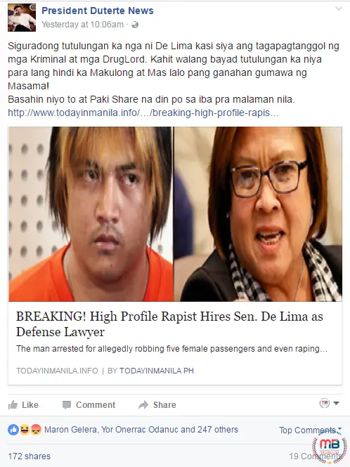 Rapist Hired De Lima as Lawyer