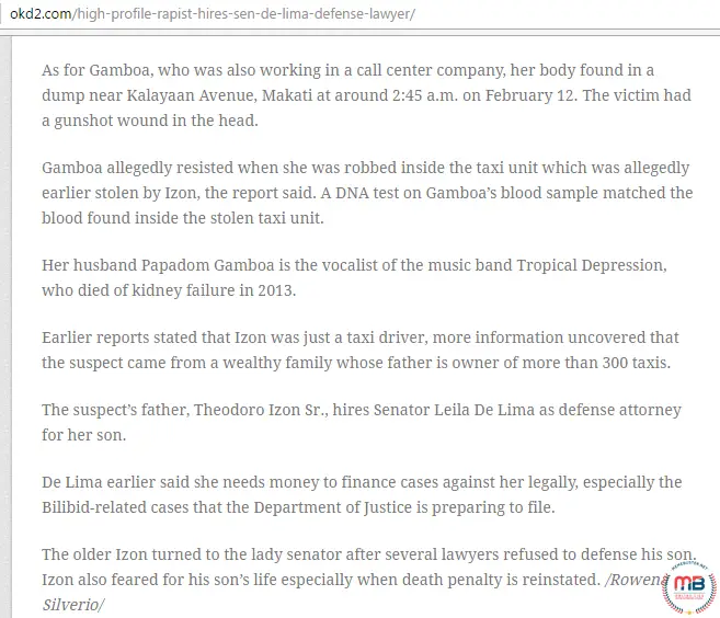 Rapist Hired De Lima as Lawyer