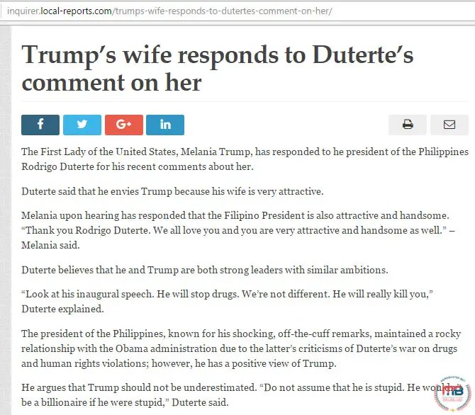 Trumps Wife Responds to Duterte
