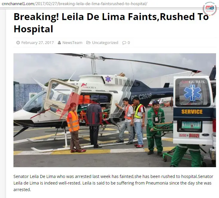 De Lima rushed to hospital