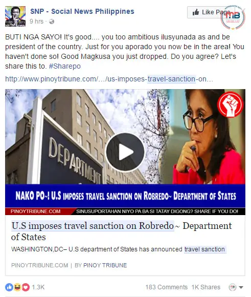 US impose travel sanction on Robredo