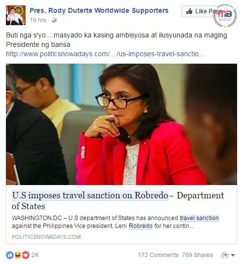 US impose travel sanction on Robredo