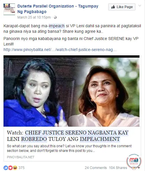 CJ Sereno warned Robredo