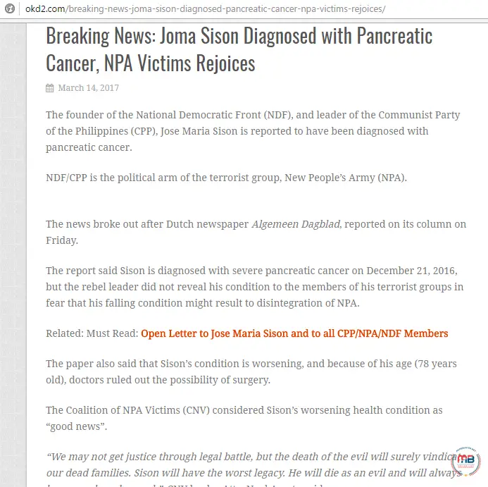 Joma Sison has pancreatic cancer