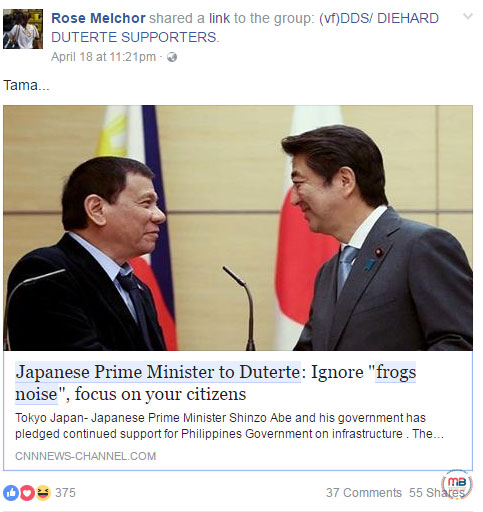Japanese PM told Duterte to ignore frogs noise