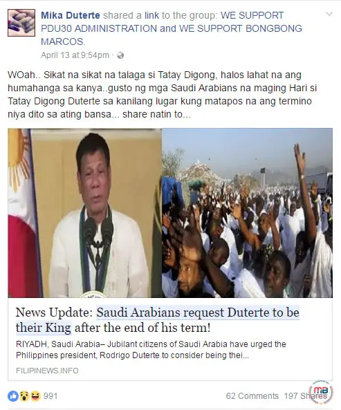 Saudi Arabians requested Duterte to be their king