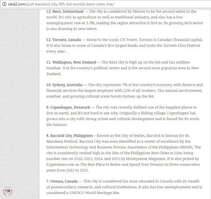 Bacolod City ranked 8th among the best cities in the world