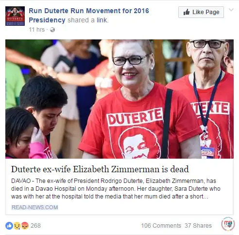 Dutertes ex-wife is dead